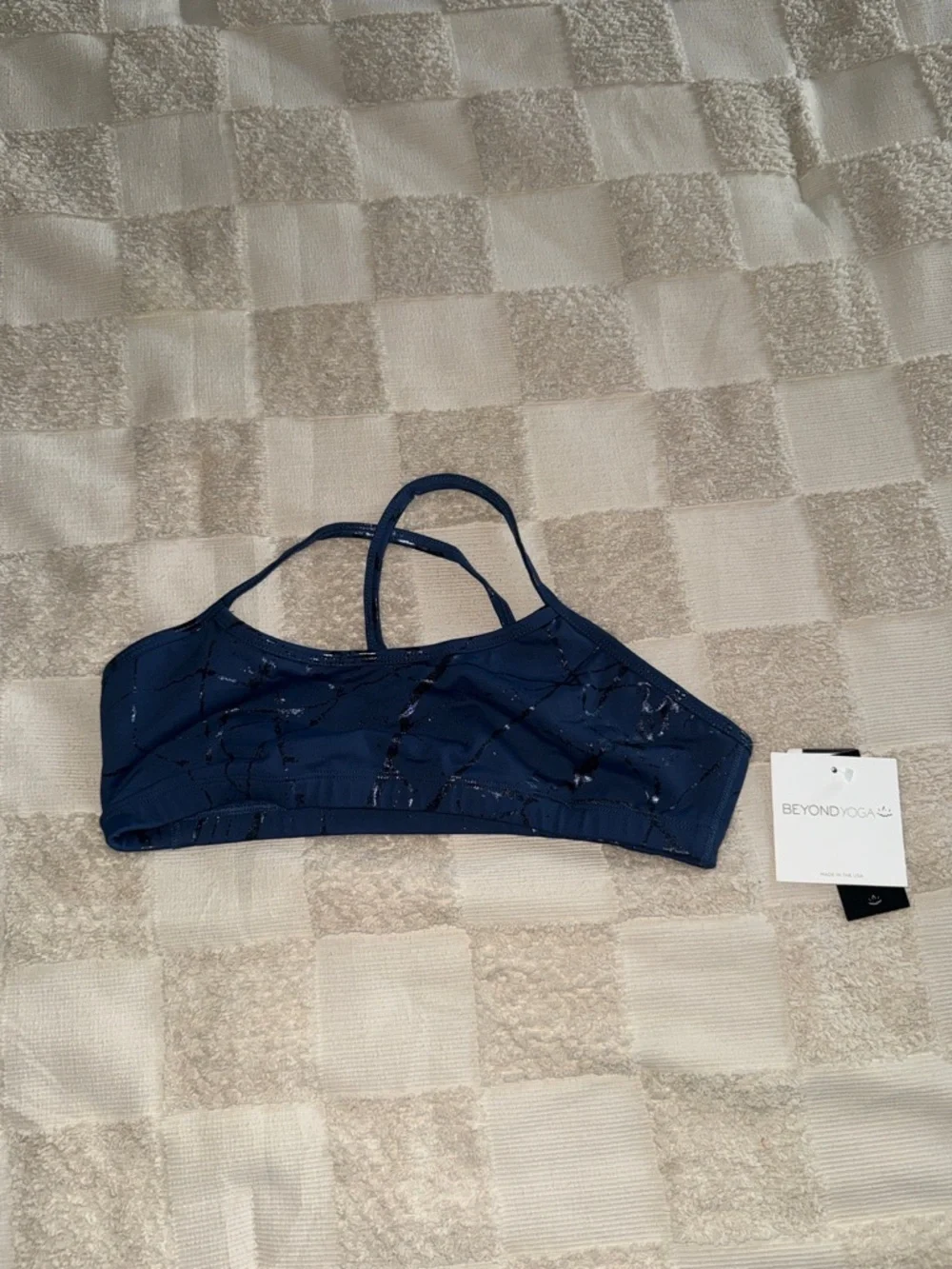 NWT Beyond Yoga Navy Marble-Print‎ Strappy Sports Bra size L